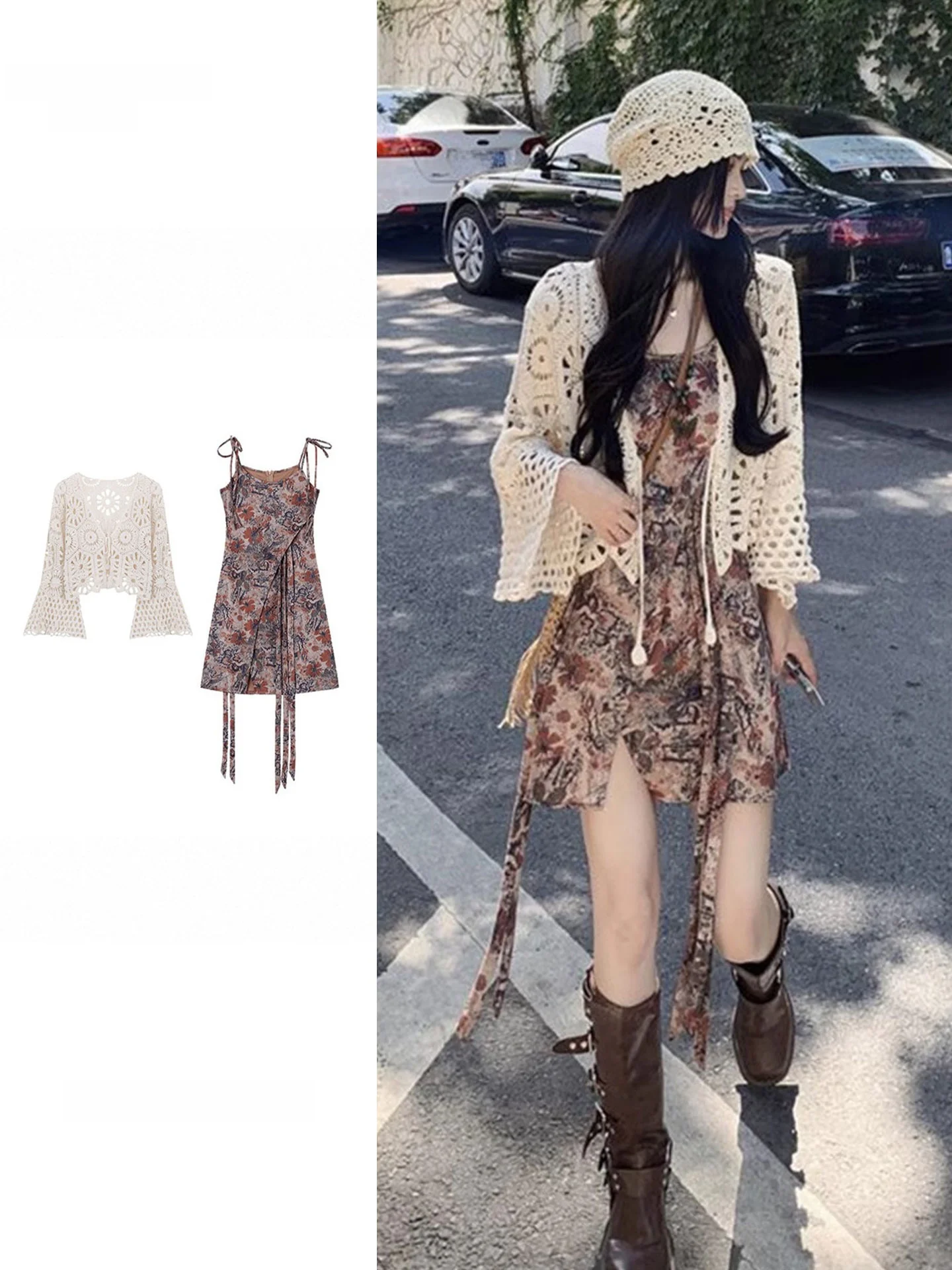 

Women's Summer Casual Style Two-Piece Set Hollow out Hook Flower Design Strap Dress And Coat Lightweight Breathable Fashion
