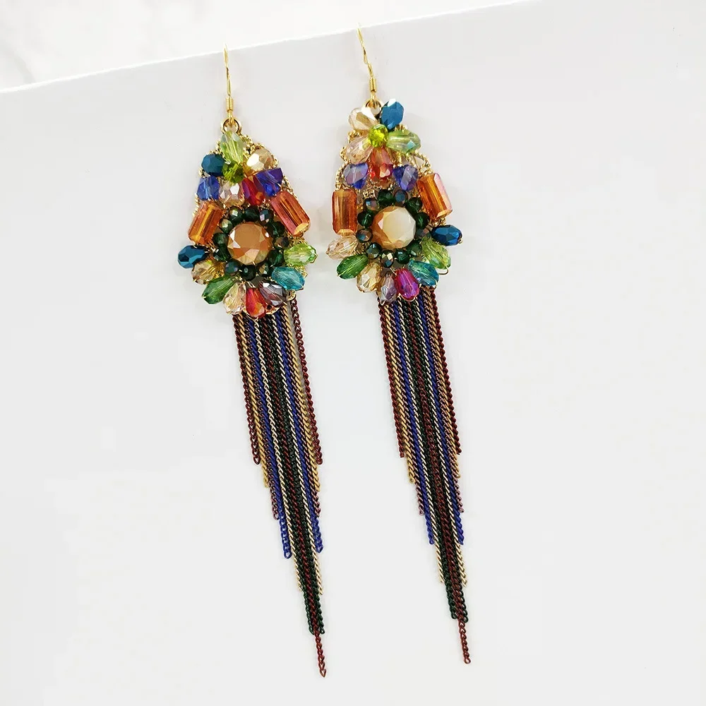 S925 Silver Needle Colorful Flower Earring New Handwoven Bead Tassel Earrings Long Ethnic for Women Jewelry