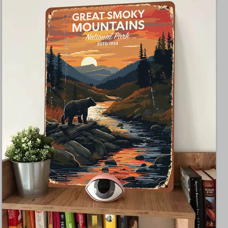 Great Smoky Mountains National Park Vintage Metal Wall Art Sunset Bear River Landscape Decor
