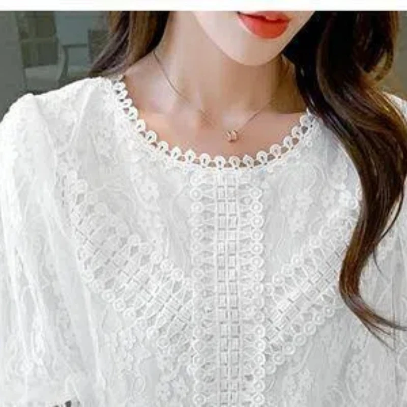 Simplicity Office Lady Summer Women's Solid O-Neck Lace Puff Sleeve Patchwork Fashion Loose Short Sleeve Chiffon Shirt Tops