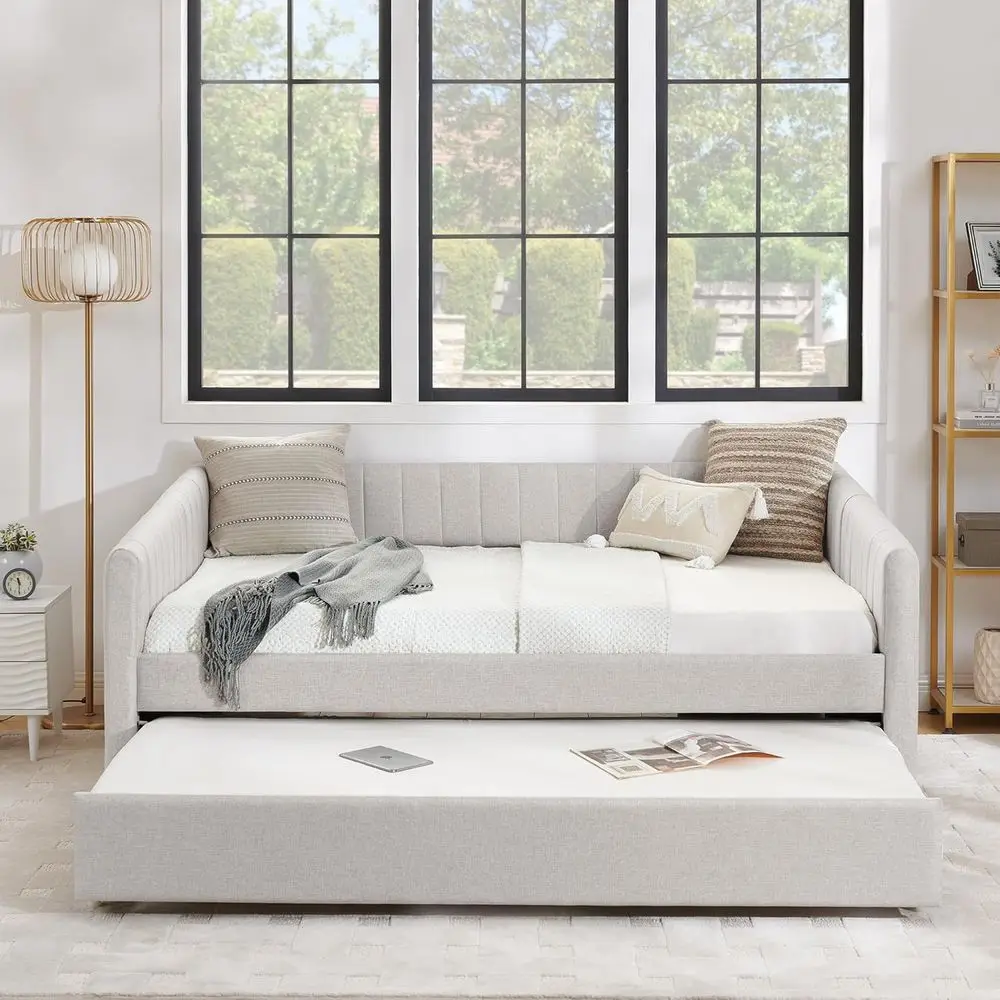 Linen Full Size Daybed with Pull-Out Trundle, Striped Upholstered Sofa Bed, Suitable for Bedroom or Living Room, No Box Spring N - view 4