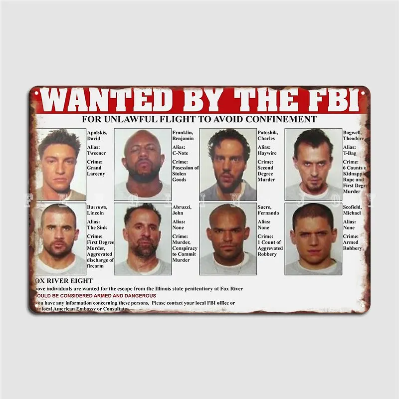 Prison Break Fbi Wanted Poster Metal Plaque Sign Posters Custom Indoor Club Bar Room Decoration Wall Decor Tin Home Decor