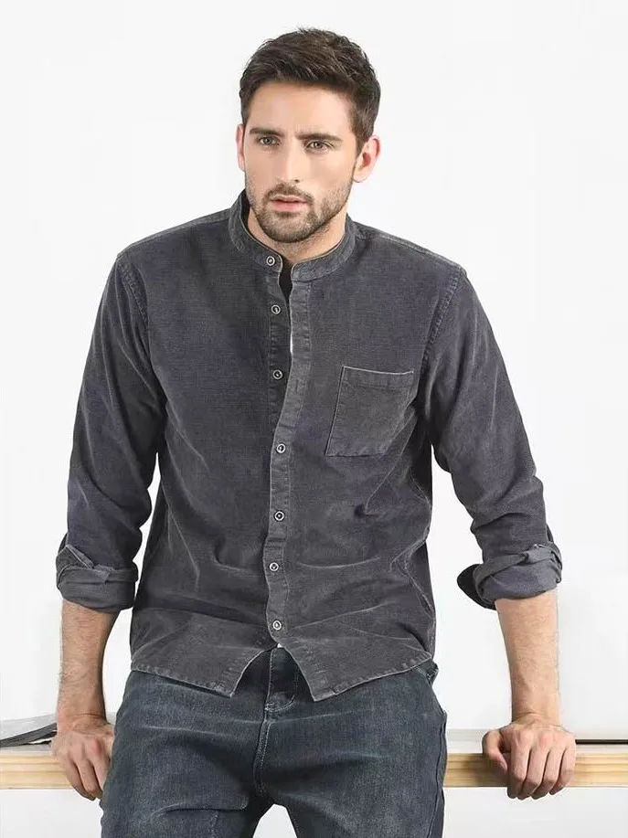 

Corduroy Long Sve irt Men's Slim Fit Stand Collar Cardigan ket Casual Workwear Warm Plaid irt Autumn Faion Youth