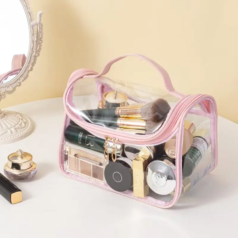 Transparent Mesh Cosmetic Bag women Makeup Bag Double Zipper PVC Waterproof Makeup Pouch Toilet Wash Bag Large Protable Handbag