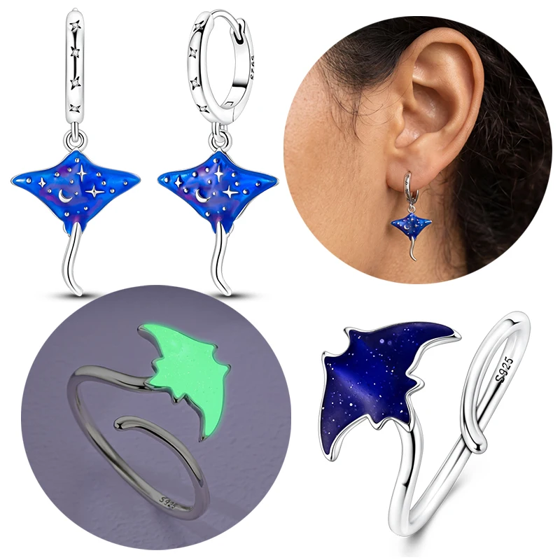 Original 925 Sterling Silver Luminous Devil Fish Hoop Earrings Open Ring Set For Women Party Jewelry Unique Gift