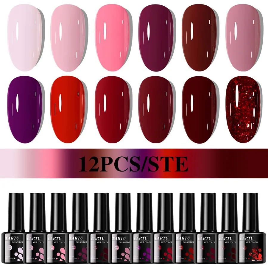 

12-color jelly glitter gel nail polish set includes khaki, purple, white, red, blue, green, and pink semi-permanent colors