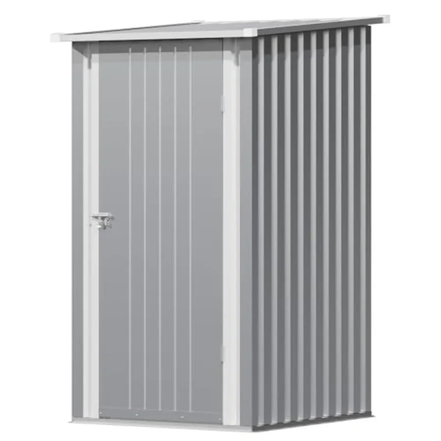 Outdoor storage shed for backyard patio and lawn use, made of metal with sloping roof, gray color, featuring single lockable do