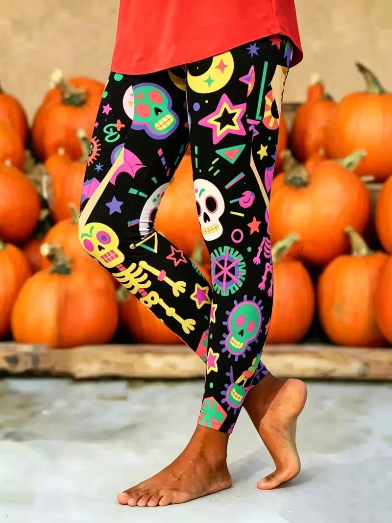 Halloween Women Leggings Colorful Skull Skeleton Star Print High Waist Stretch Yoga Pants — купить у AliExpress WW