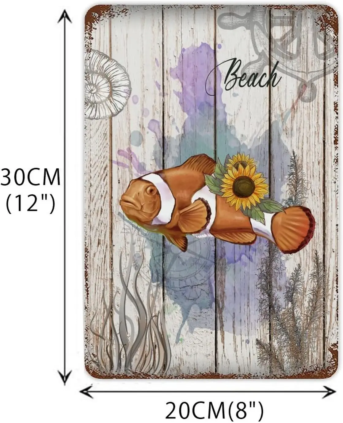 Brown Wood Grain Tin Plaque Fish with Sunflower Metal Plaque Retro Marine Life Sign Decor Iron Painting Motivational Saying Hang