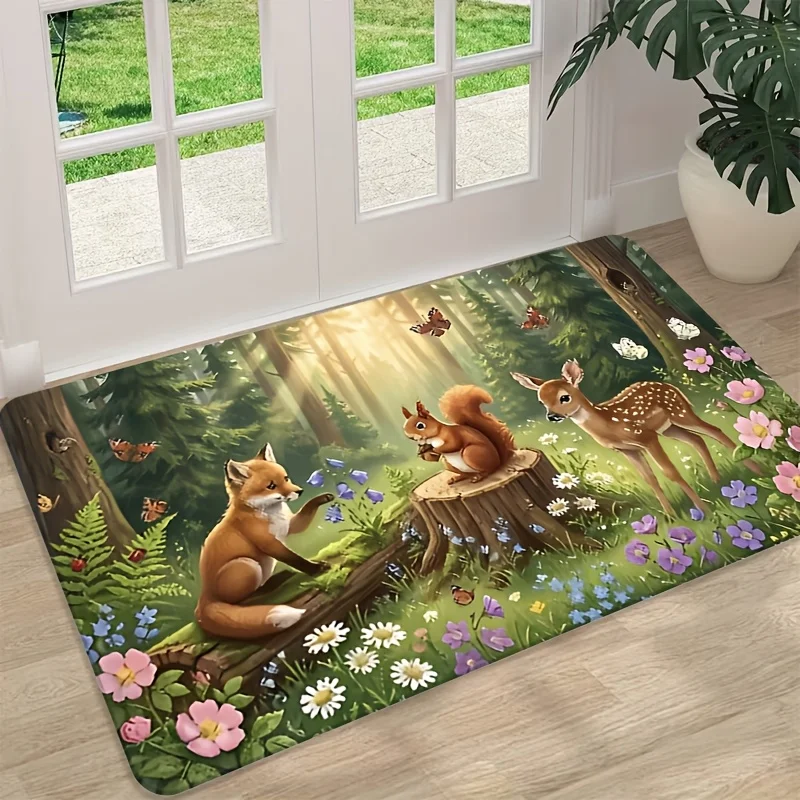 Lively Woodland Floor Mat Charming Fox Squirrel Deer with Floral Forest Scene Art Decor Rug for Home Entryway Space