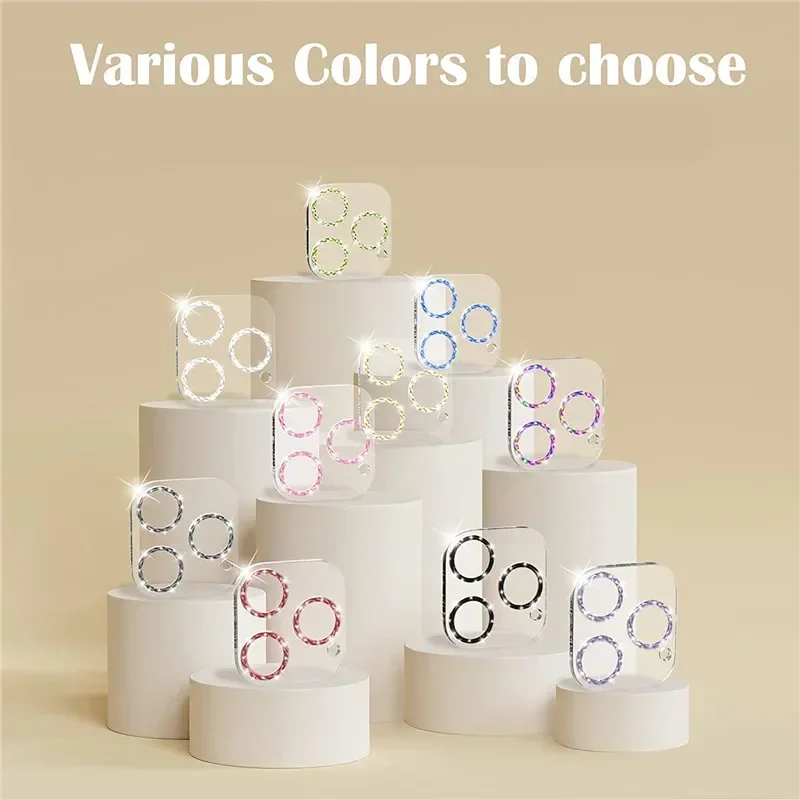 iPhone 17 16 15 Pro Max 12 Mini Plus 16 Pro 13Pro iPhone 15用 グリッターブリンブリンカメラレンズプロテクター 強化ガラスフルカバー