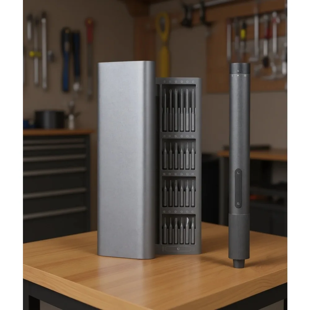 

Electric Precision Screwdriver Kit All Metal Gearbox Magnetic Motor Rechargeable S2 Steel Bits Type C Aluminum Case