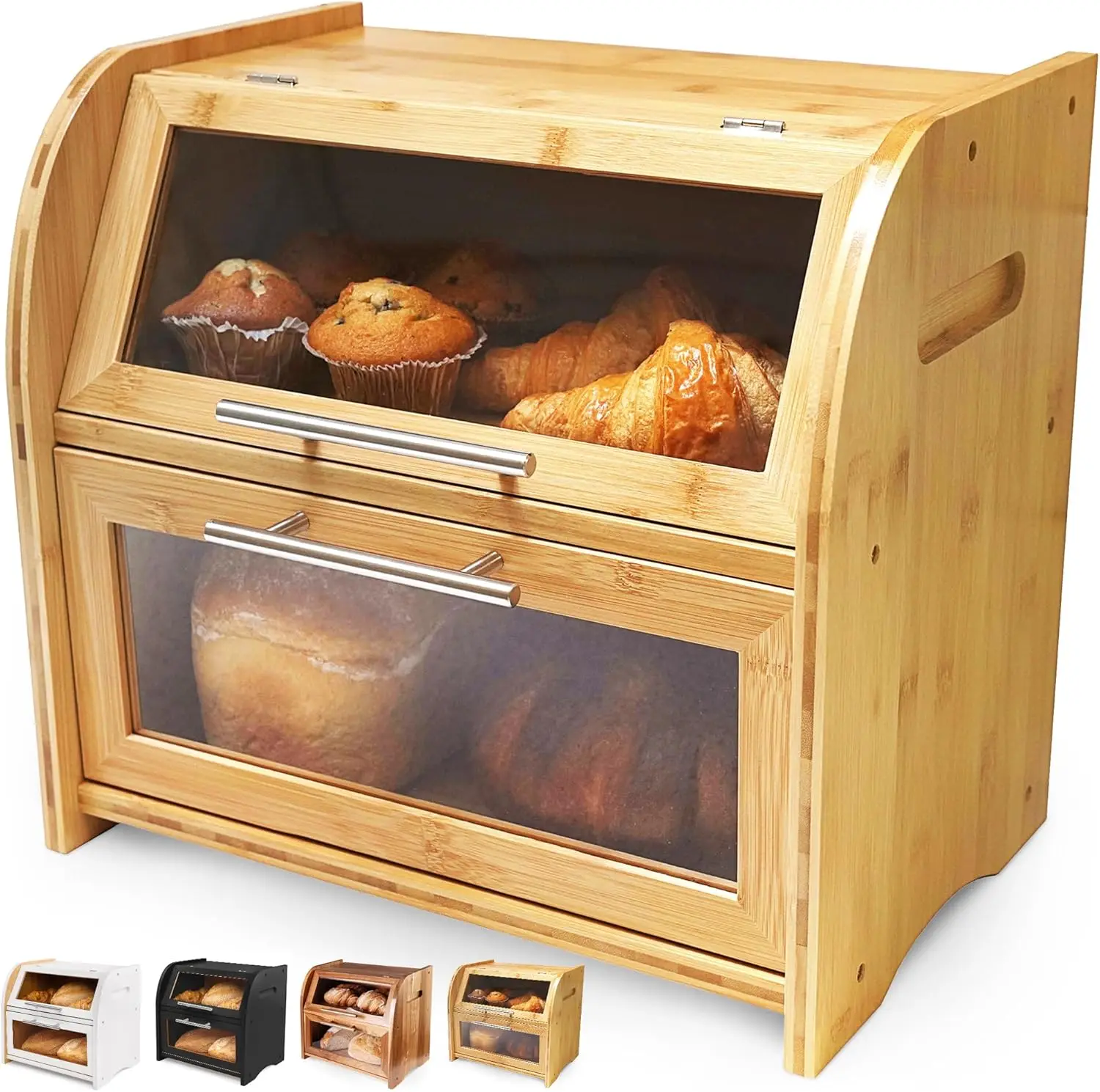 

Extra Large Bamboo Bread Box with Clear Windows and Air Vents, 2-Shelf Wooden Storage Container Keeps Bread Fresh