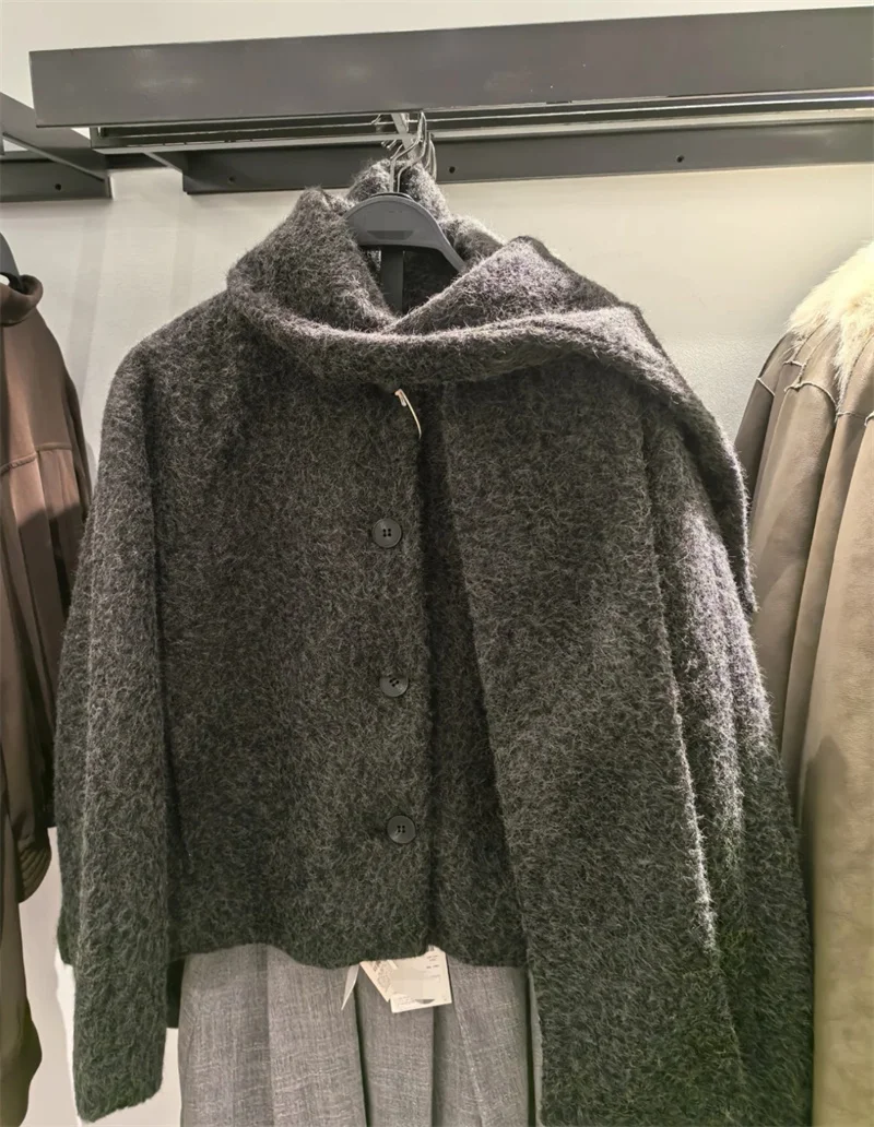 سترة نسائية 2025 خريف نمط جديد رمادي غامق كم طويل وشاح مزين معطف قصير بسيط الراقية الموضة #6