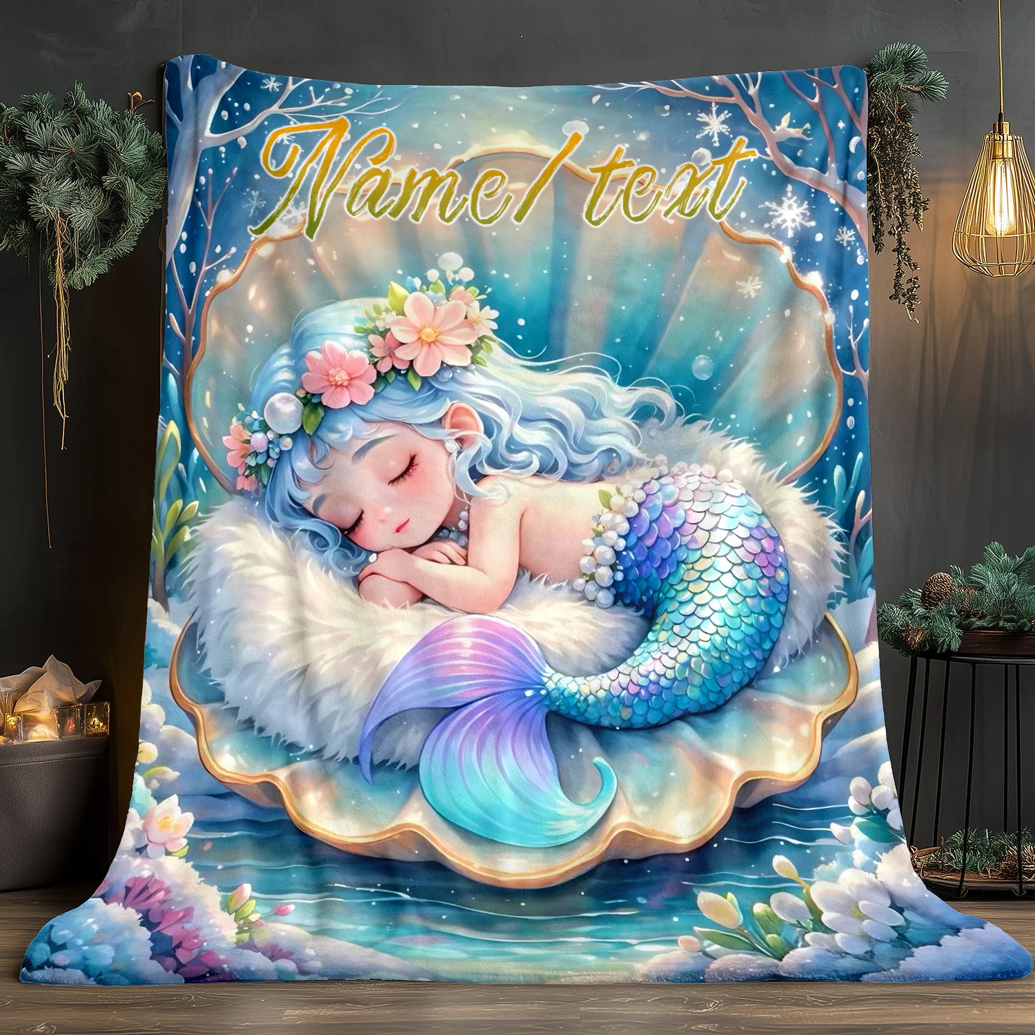 Custom Name Mermaid Sleeping on Shell Blanket Soft Warm All Season Couch Sofa Bed Throw Office Travel Gift