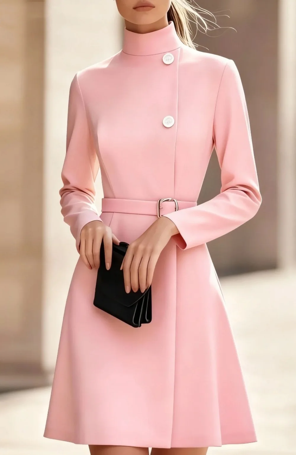 

New Elegant Women's Dress White High Neck High Waist Slim Belt Button Commuting Fashion Simple Office Pink A-Line Mini Skirt