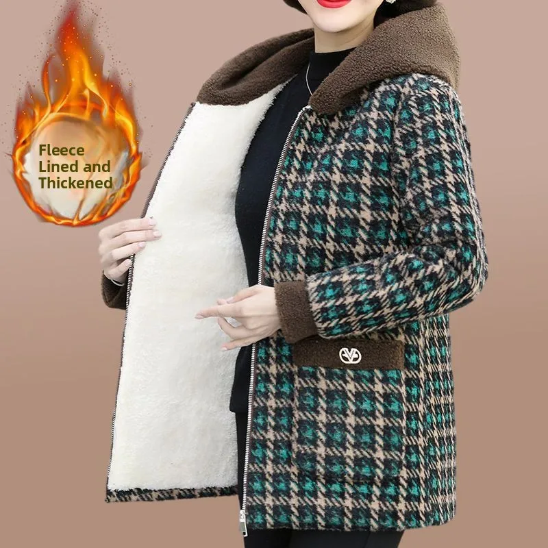 

Thiened Fce, женская зимняя бархатная куртка с ягненком, повседневная универсальная куртка с капюшоном из хлопка, женский клетчатый топ