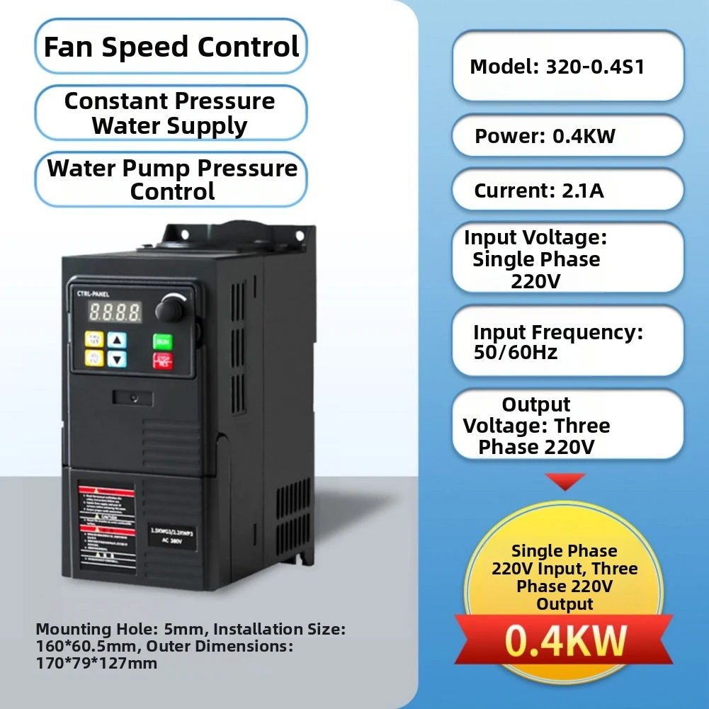 VFD 0.4KW 220V Input Output Drive for Three Phase Motor Applications Including Pumps Fans Compressors and CNC Spindle Control