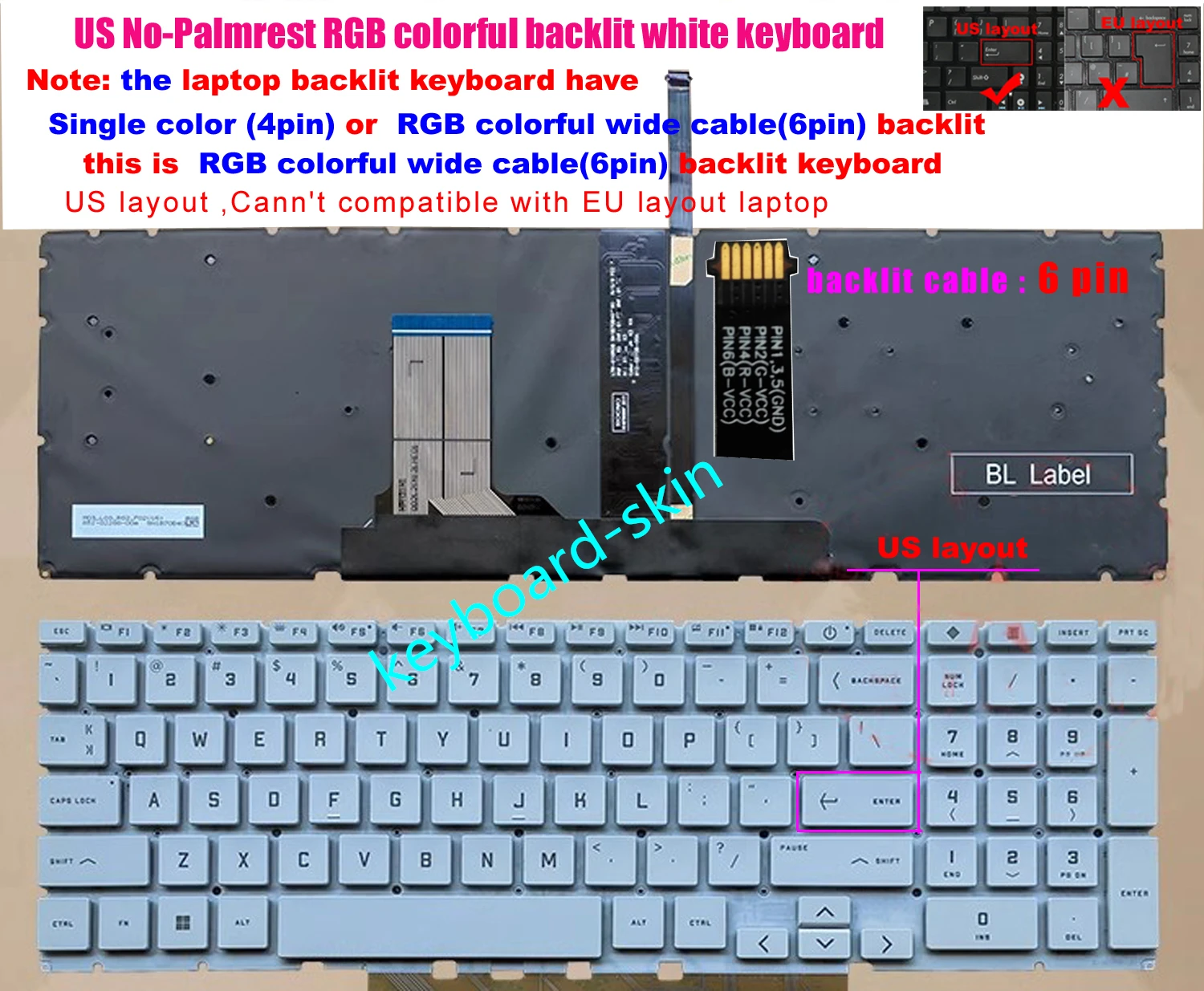 New US RGB Backlit Without-Palmrest white Keyboard For HP  Victus 16-E 16-D 16-R 16-S TPN-Q263 TPN-Q264 TPN-C169 TPN-C170 laptop