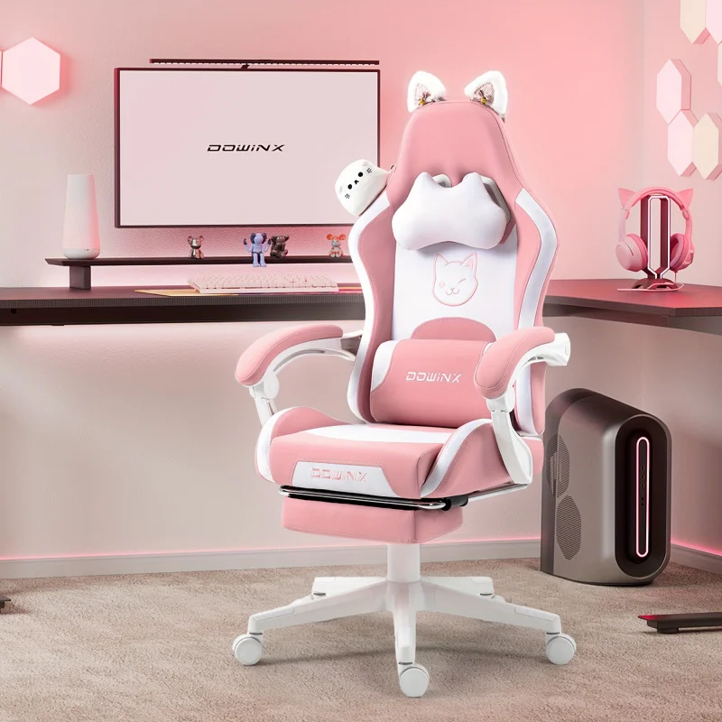 Dowinx Game Chair Cute Cat Ears Massage Lumbar Support，Ergonomic Computer Chair，With Pedal and Headrest，Suitable for Girls