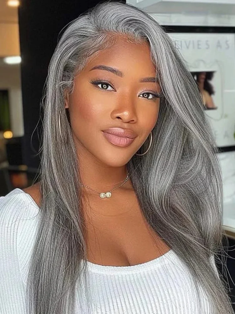 

300 Density Salt and Pepper Gray human hair Straight 13x4 HD Lace Front Human Hair Wigs Pre Plucked Colored Lace Frontal Wig