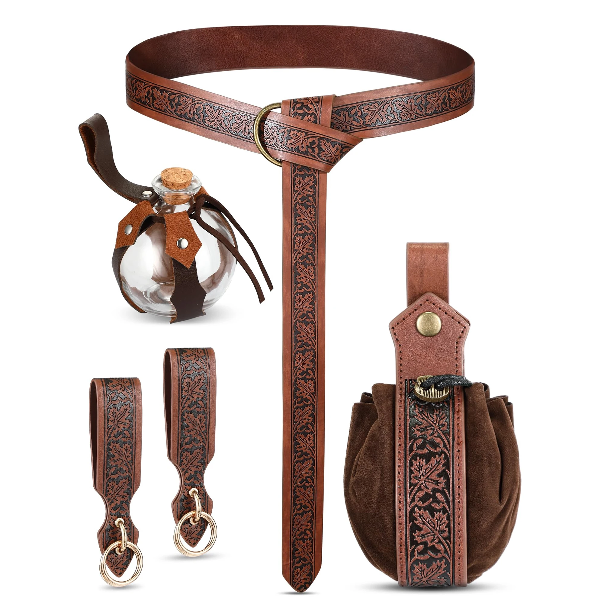 

Набор из 6 предметов, винтажная рельефная поясная сумка в средневековом стиле с изображением листьев эльфа, юбка с ремнем и зажимом, стеклянная Волшебная бутылка, Хэллоуин, ведьма, косплей