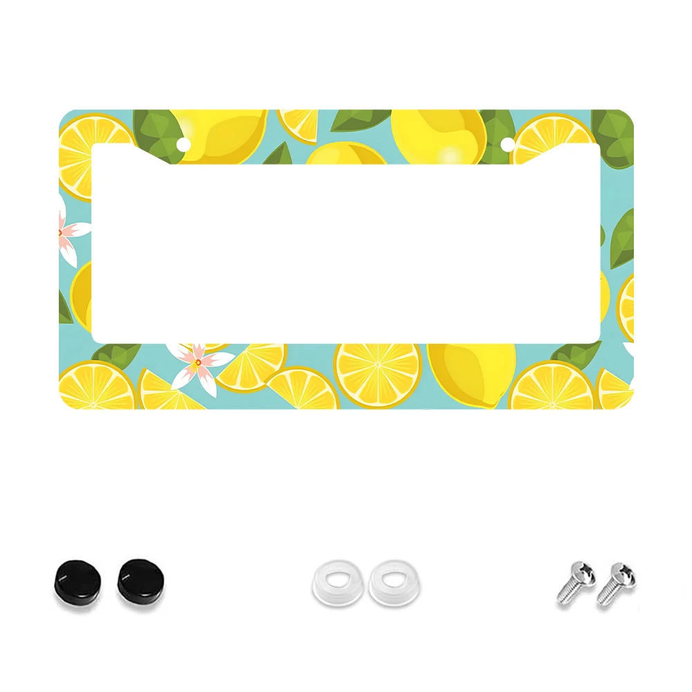 

1pc Yellow Lemon Pattern 2 Hole License Plate Frame Aluminum Material 12x6 Inches With Screw Set Fun Cartoon Car Decoration