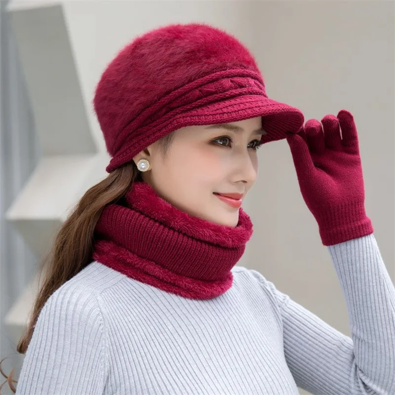 Women\'s Winter Hat Scarf Gloves 3 Pieces Set Keep Warm Knitted Thick Beanies Scarves Sets Outdoor Solid Color