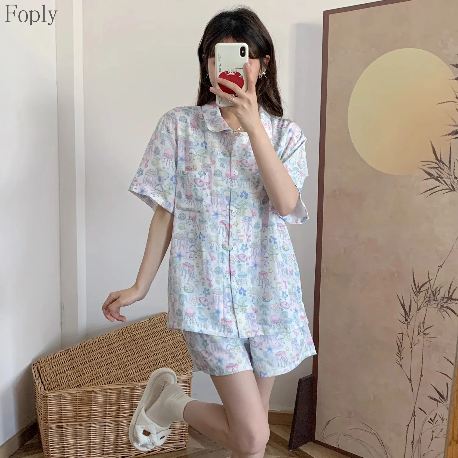 

Корейские пижамы с изображением медузы для женщин, летний костюм с короткими рукавами, одежда для сна, милая домашняя одежда большого размера для уличной одежды