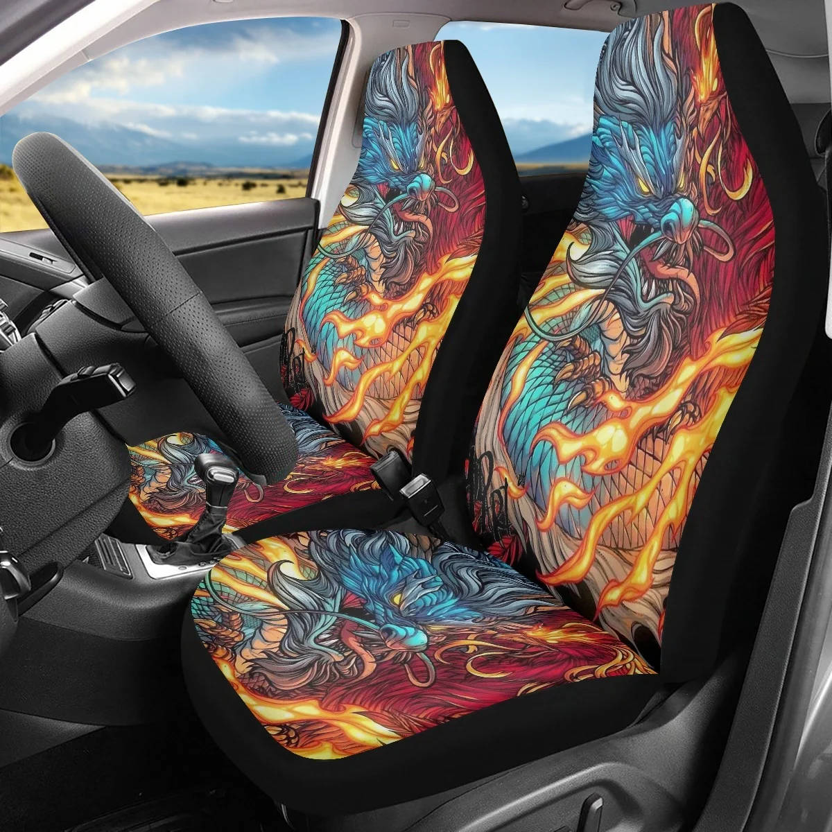 

Front Seats Only Universal Fit Soaring Dragon Cartoon Pattern Design Easy to Install Clean Comfortable Set of 2Pcs Protect Soft