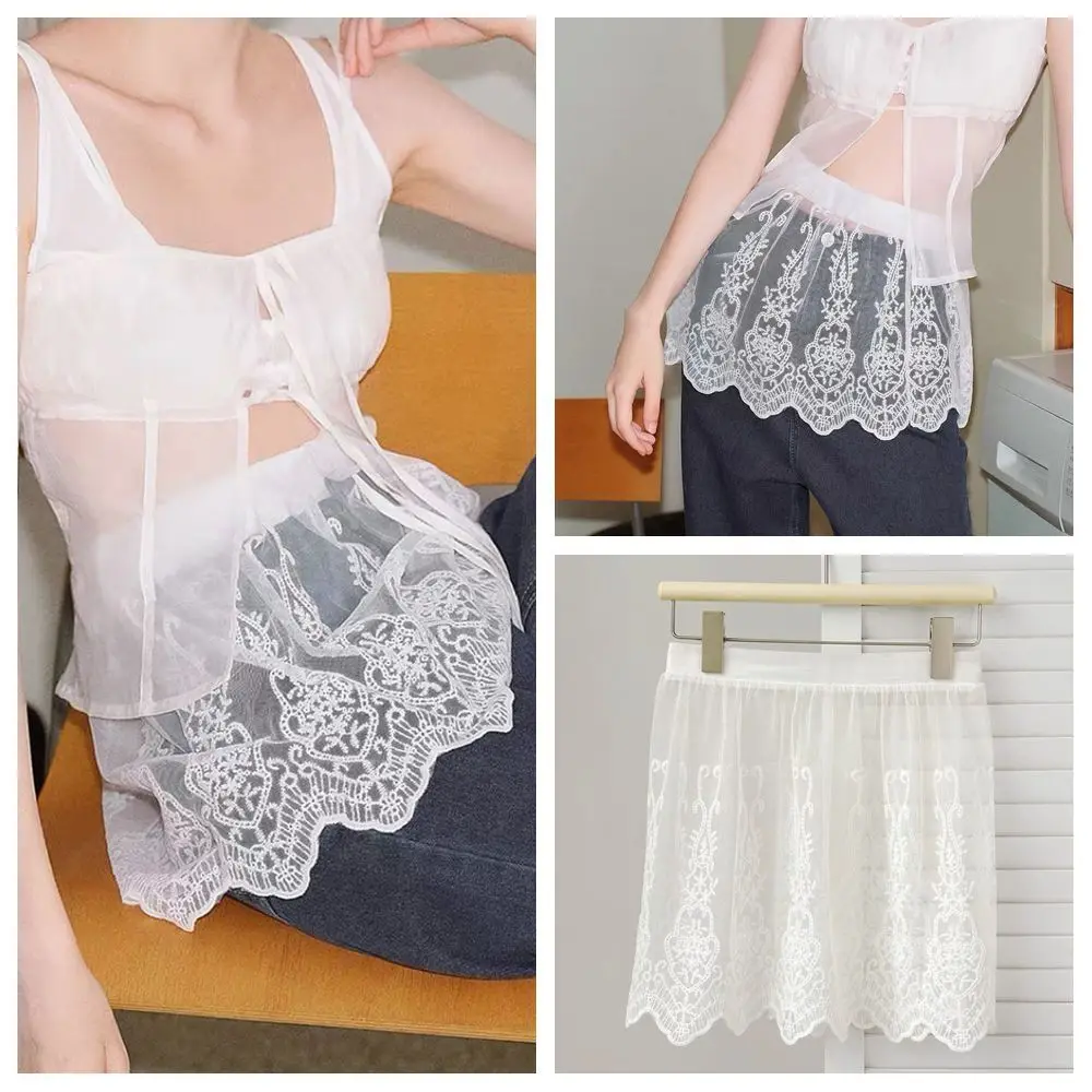 

Новая мини-юбка с вышивкой и кружевом, прозрачная, в стиле Y2K, уличная мода, с рюшами, в стиле Харадзюку, на шнуровке, с оборками, с джинсовыми вставками