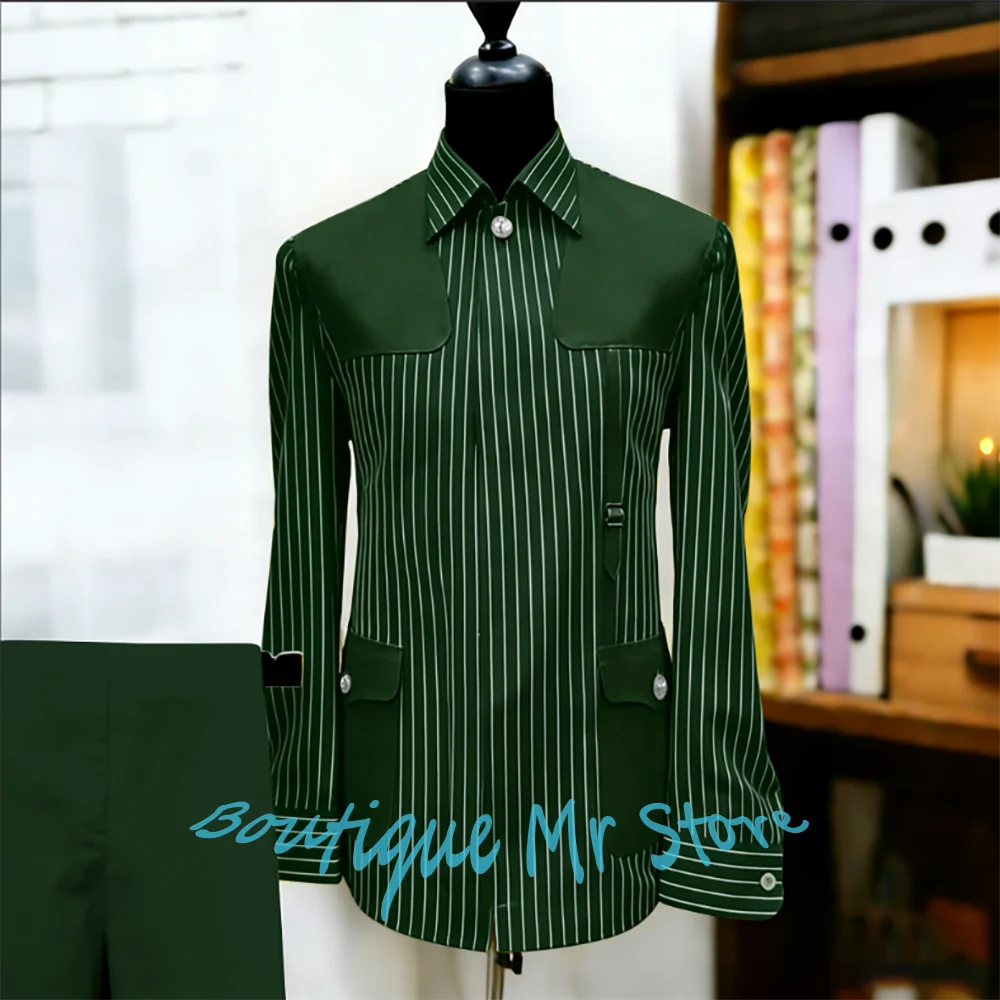Green Striped Men's Suits Patchwork Single Breasted Jacket+Pant 2Piece Set Formal Business High Quality Male Clothing Customized