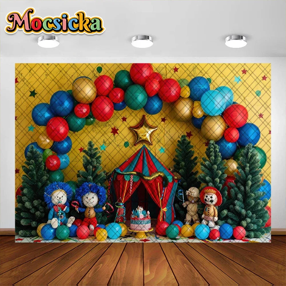 Mocsicka การถ่ายภาพพื้นหลัง Circus ลูกโป่งที่มีสีสันสิงโตช้างตกแต่งเด็กวันเกิดพื้นหลังสตูดิโอ Props
