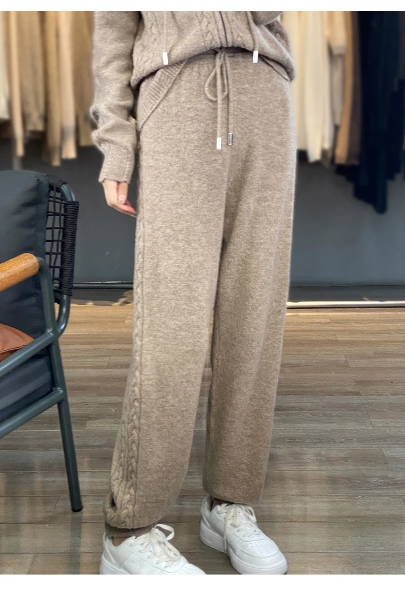 Pantaloni a piedi intrecciati lavorati a maglia in Cashmere pantaloni casual a vita alta elastici autunnali e invernali da donna pantaloni larghi