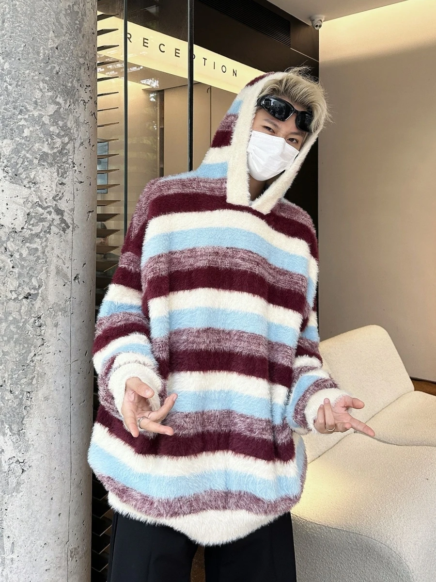 

Американский ретро-свитер в полоску с капюшоном, вязаный, осенне-зимний, в стиле кэжуал, с контрастными цветами, высокого качества, для пар