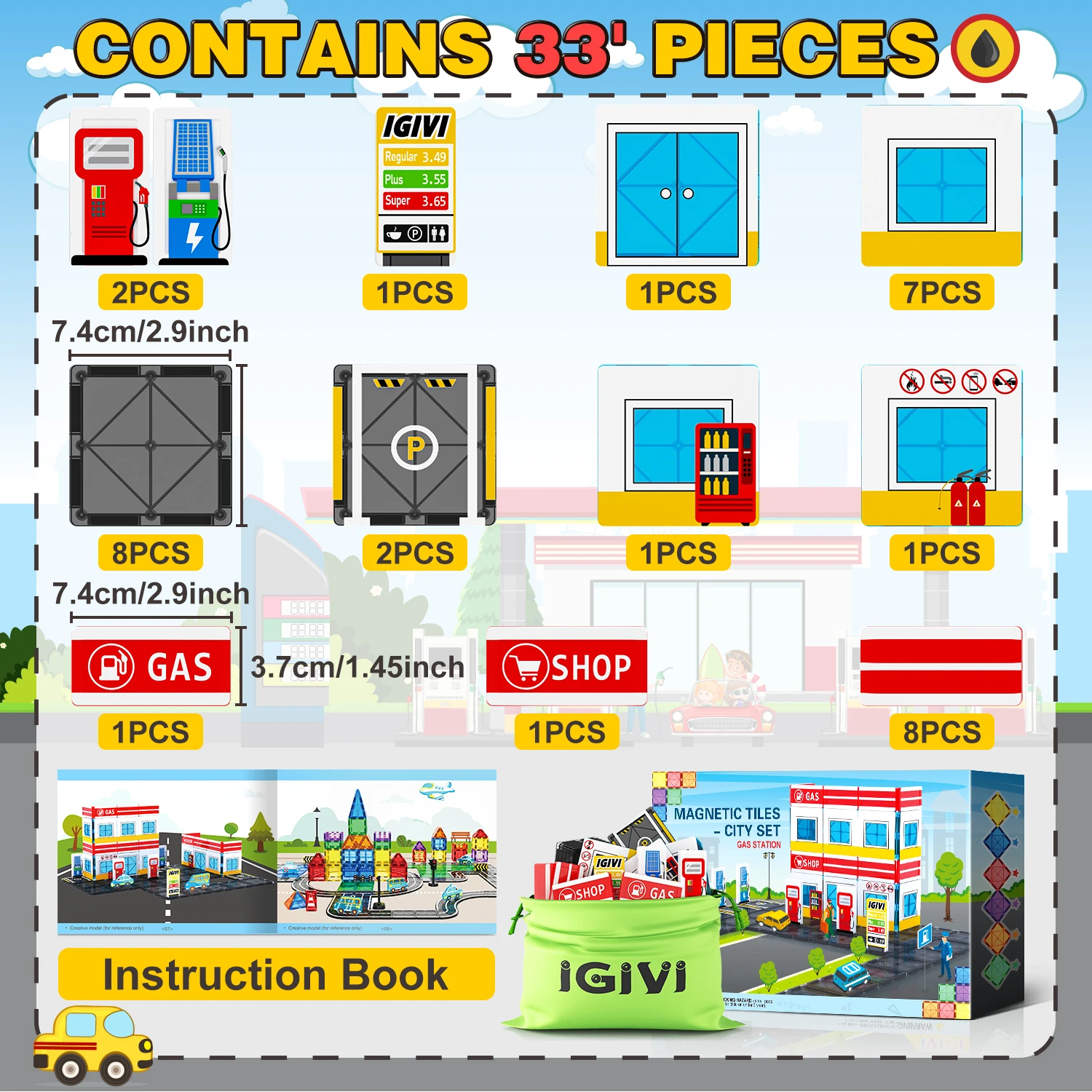 33PCS Płytki magnetyczne Zestaw stacji benzynowej STEM Magnes Klocki konstrukcyjne dla maluchów Zabawki dla dzieci Gry, zabawki dla chłopców i dziewczynek w wieku 3+ lat