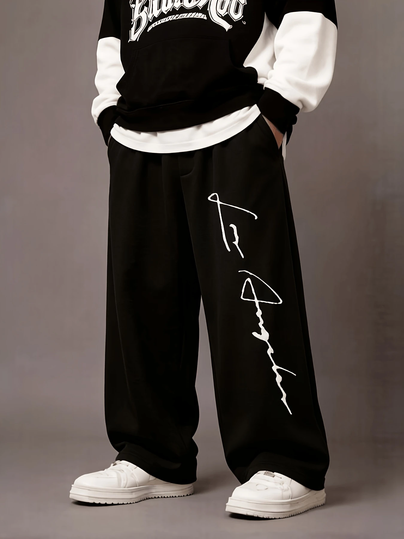 Number 041 Men's casual vertical signature printed wide leg sweatpants loose fit street style sports pants  streetwear men