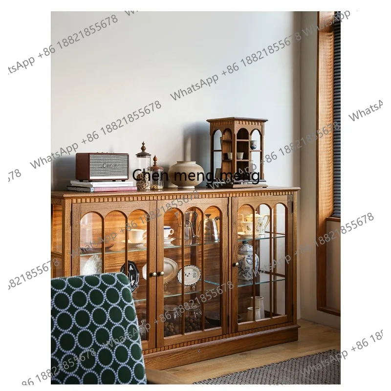 

Medieval side cabinet all solid wood glass wine cabinet teak tea set storage display cabinet