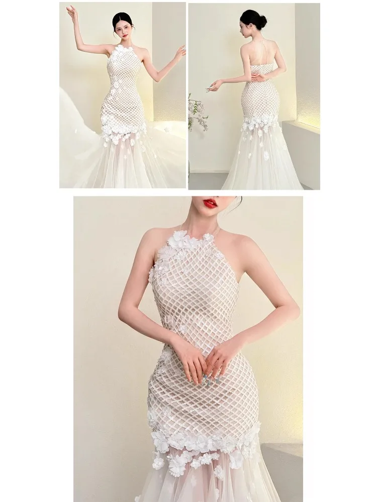 Białe Proste Suknie Ślubne w Stylu Koreańskim w Kształcie Litery A, Damskie Suknie Ślubne z Dekoltem typu Halter, z Miękkiego Tiulu, Długie do Podłogi, Eleganckie Suknie Ślubne 웨딩드레스, Personalizowane Gorsety