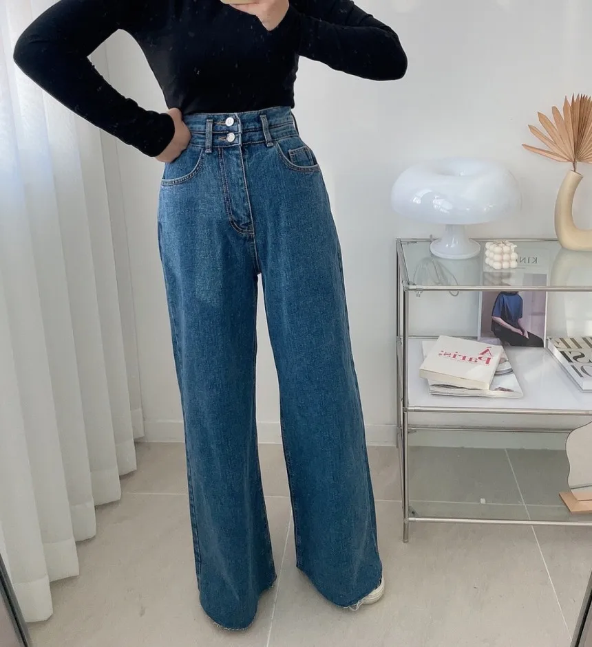 Korean Chic Wide Leg Jeans Women High Waisted Loose Style Dark Blue Baggy Jeans Mom Streetwear Y2k Denim Pants Female