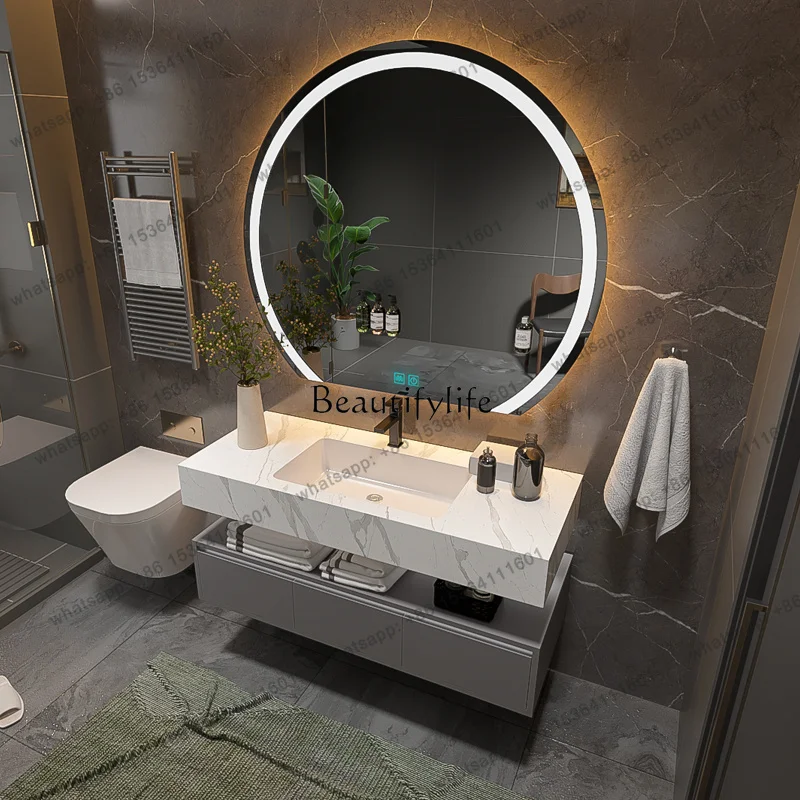 Customizable .-Bathroom Cabinet Slate Integrated Basin Light Luxury Cream Wind Solid Wood Toilet Wash