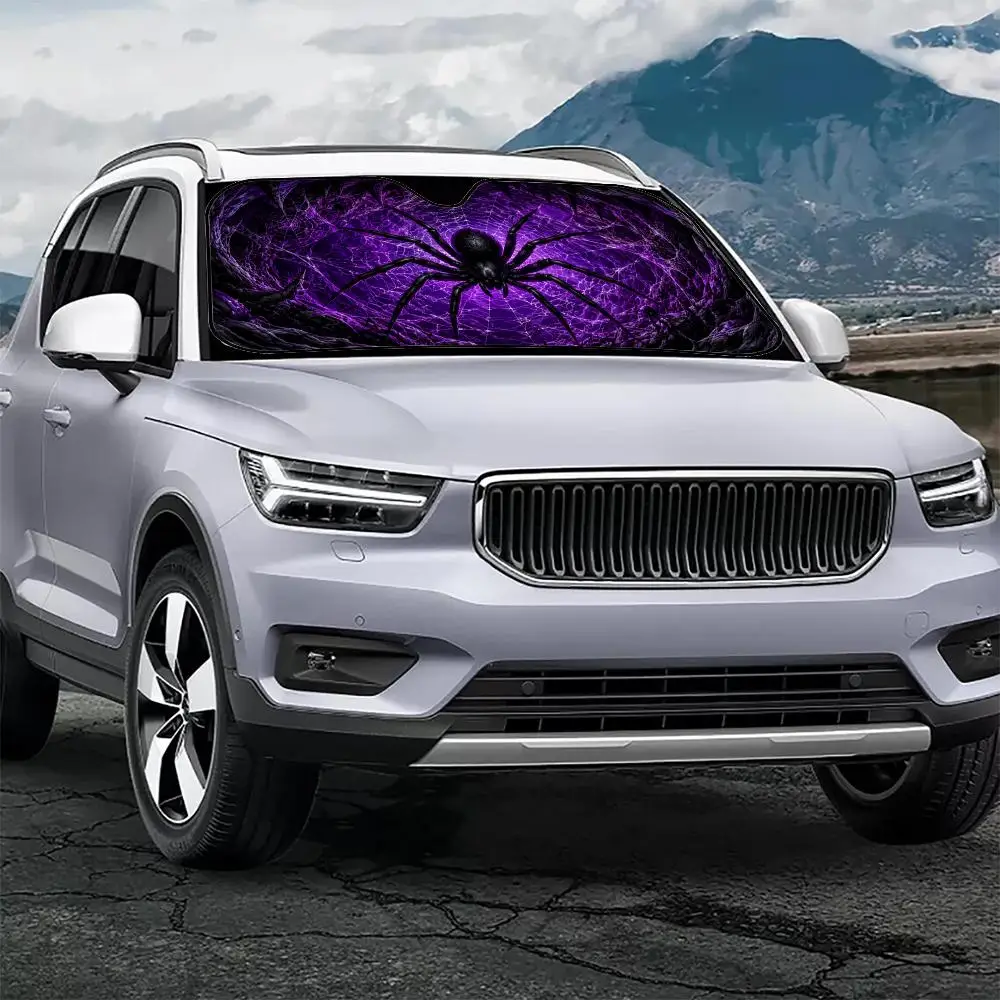 Black Spider Pattern Sun Visor Car Front Windshield Sun Shade Foldable Reflective UV Protection Heat Insulation Cover