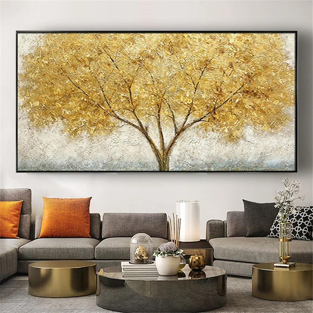 

100% Handmade Horizontal Rectangle Golden Yellow Tree Oil Painting Modern Large Living Room Textured Wall Art Picture For Home