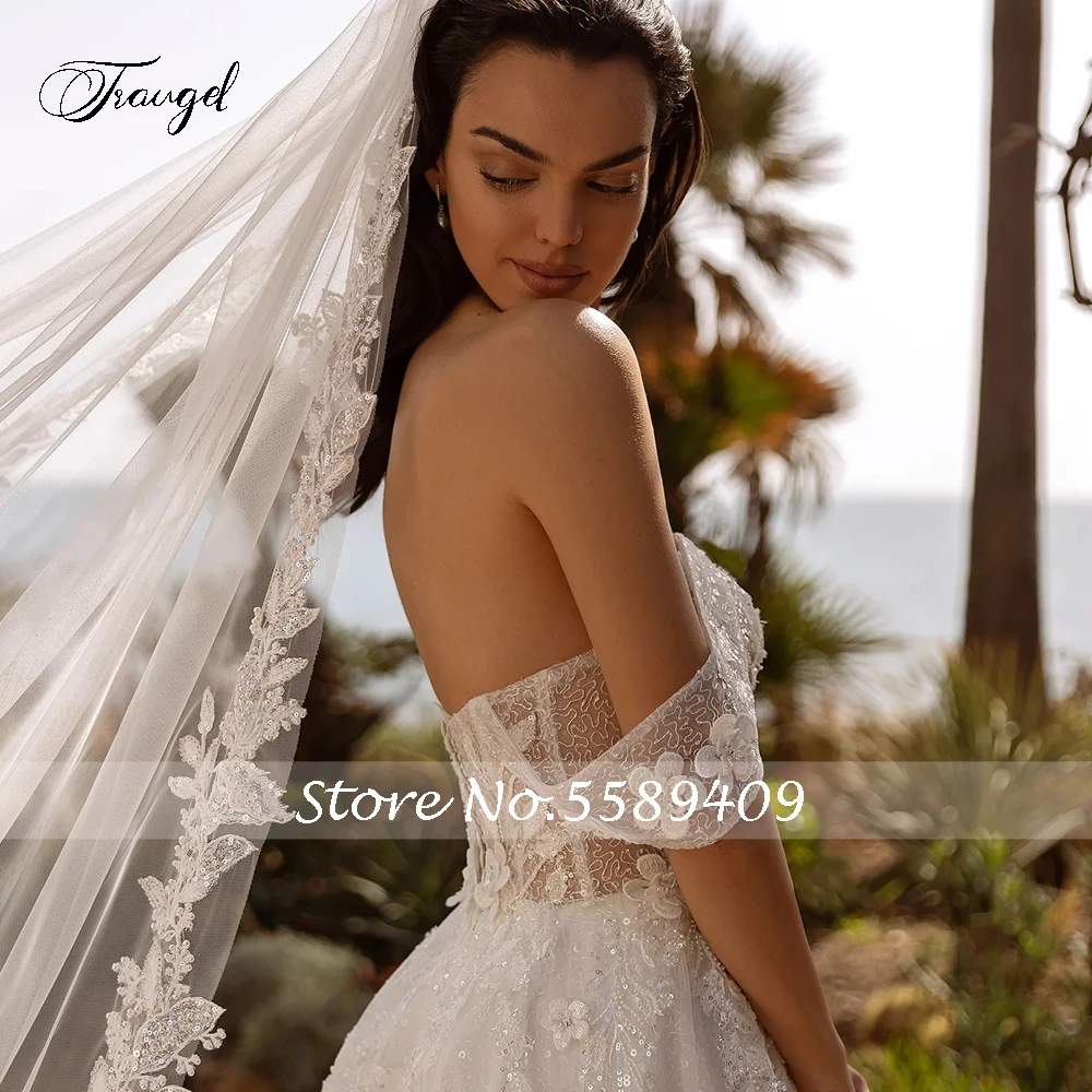 Traugel exquisitos vestidos de novia Vintage con flores y cuello barco, apliques sin espalda de lujo, cola de corte con cuentas, vestido de novia de línea A