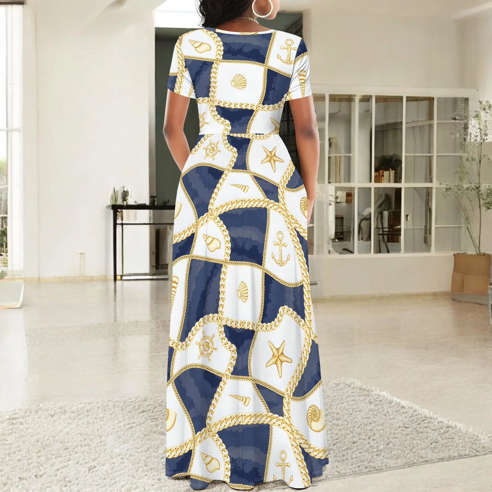 Women's Short Sleeve Sexy  Neck Loose Boho Long Dress Fashion Printed Split Hem Club Party Casual Vacation Maxi Dress