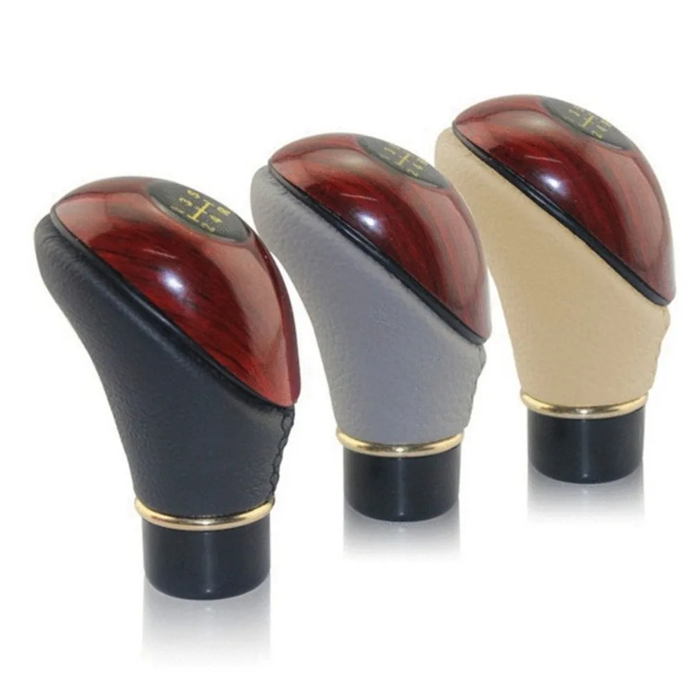 Car Shift Knob Wooden PU Leather Universal Car Truck 5 Speed Lever Manual Gear Stick Knob Shift Gloss