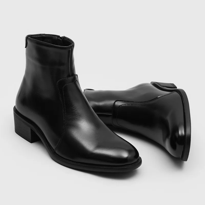 Retro Square-toe Thick-soled Men Short Boots Black Brand Boots Side Zipper Mid-heel Chelsea Fashion Business Boots Sizes 38 - 46