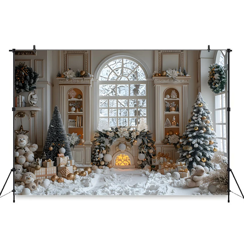 Фон для фотосъемки с изображением белого коттеджа рождественской елки