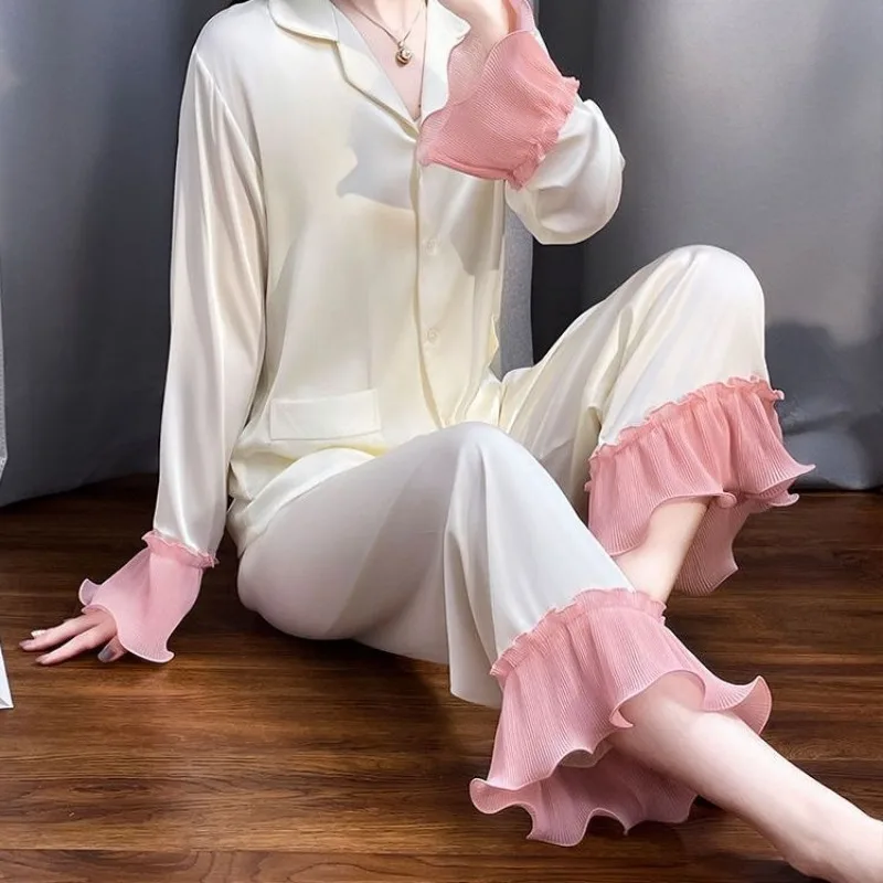 Luxury Ice Silk Pajama Sets Patchwork Long Sleeve Lapel Tops Button Long Sleeve Homewear Sweet Pajamas for Women Sleepwear Chic