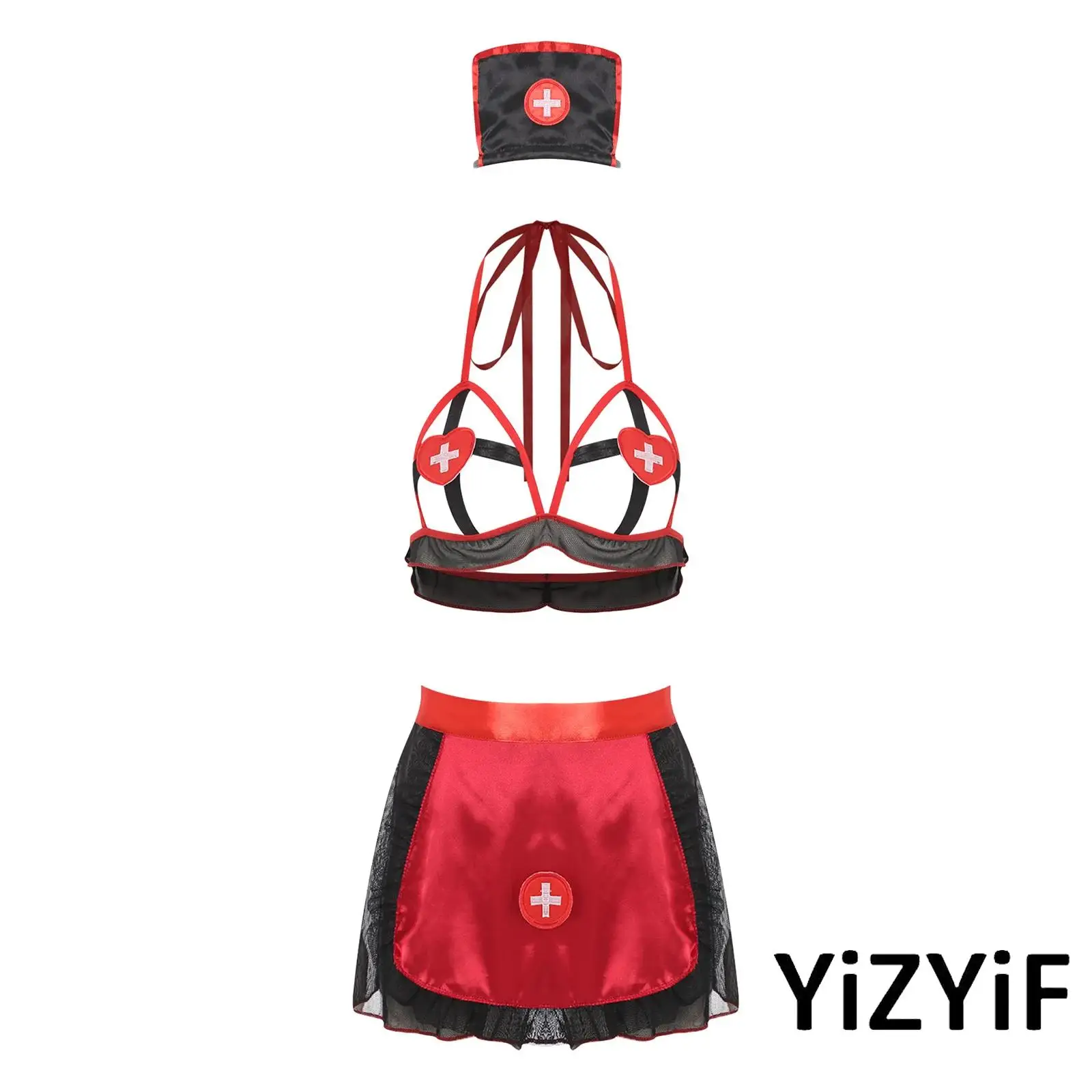 

Женский провокационный комплект нижнего белья медсестры с бюстгальтером на завязках и фартуком, юбкой, головным убором для особых ночей, романтическими вечерами